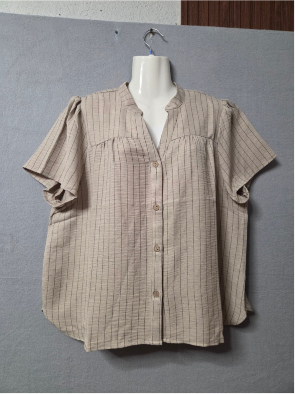Adrianna Papell Button Down Shirt Beige Black Striped